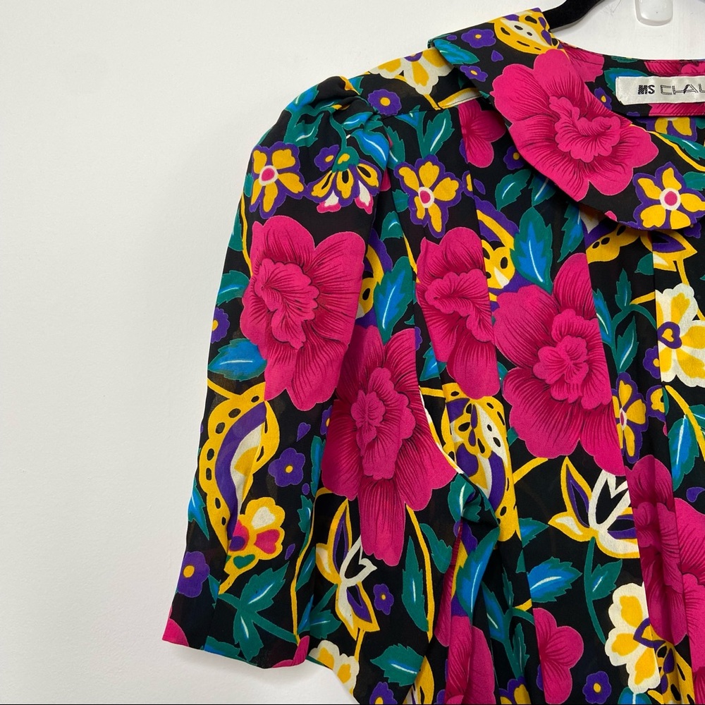 Ms CHAUS Dress Vintage Secretary Midi Floral Print Short Sleeve Pleated - Picture 5 of 13